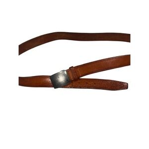 J M Western Style Brown Leather Belt‎ Silver Buckle Embossed Pattern